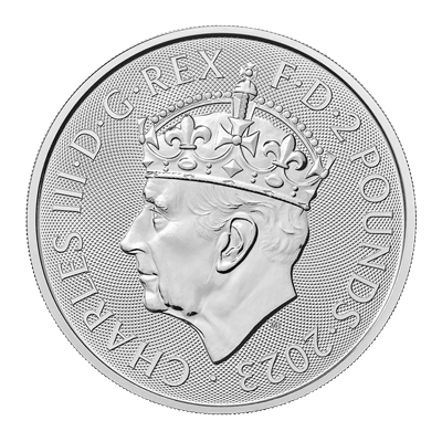 A picture of a Pièce d’argent Britannia de 1 oz du couronnement à l’effigie du roi Charles (2023)